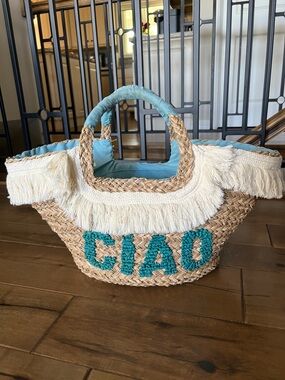 Beach Straw Tote with Teal 'CIAO' Beading